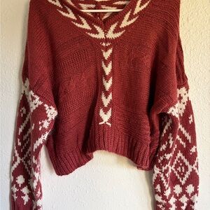 POL Burgundy and Cream V-Neck Sweater